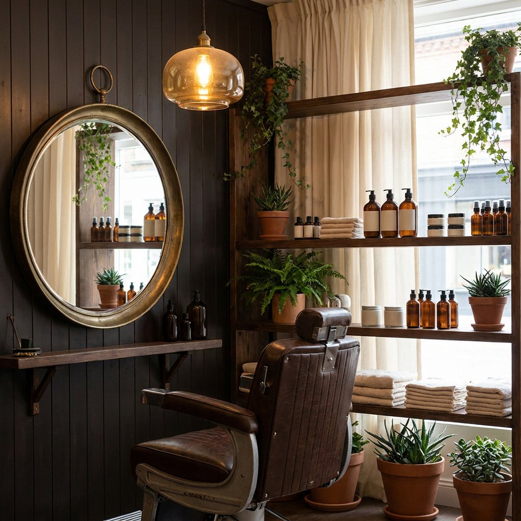 Sfeervolle hoek van de salon met een ronde spiegel en planten
